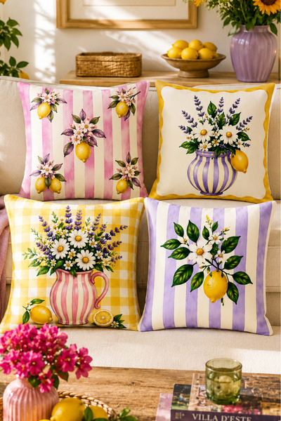 ayshome textile Ays Home Pink Yellow Lemon 4-Piece Garden Home 4-Piece Cushio...