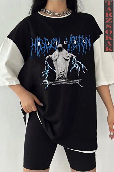 Tarzsokak Crna Oversize kroj dvostruka boja RITUALNI T-SHIRT B Štampano unisex