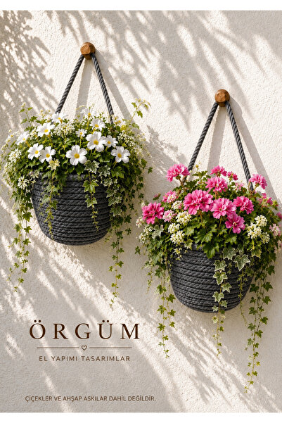ÖRGÜM Sepet Mini Dekoratif 2'li Çiçeklik 12x10 Cm ( Bitkiler Ve Askılar Dahil...