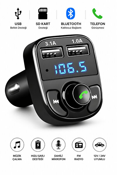 SUNASK SN-X8 Çift Usb Girişli 3.1A Hızlı Şarj Bluetooth’lu Sd Kart Bludetooth...