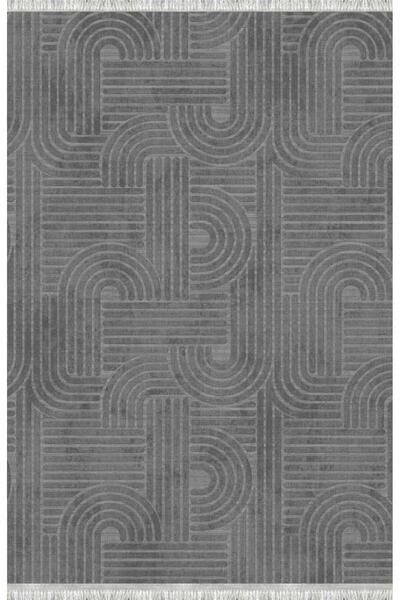 Carpettex Koyu Gri Modern Geometrik Desenli Dijital Baskılı Kaymaz Tabanlı Yıkanabilir Halı