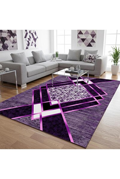 Carpettex Siyah Lila Modern Geometrik Desenli Dijital Baskılı Halı – Kaymaz T...