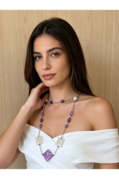 diğeraass Boho Chic El Yapımı Mor Geometrik Boncuklu Tasarım Uzun Kolye