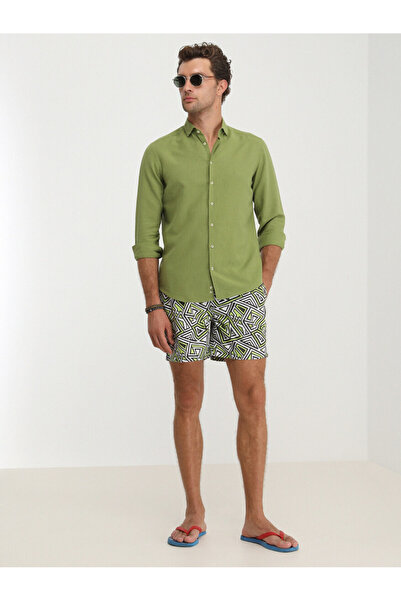 Kip Green Plain Regular Fit Long Woven Casual Cotton Blend Shirt