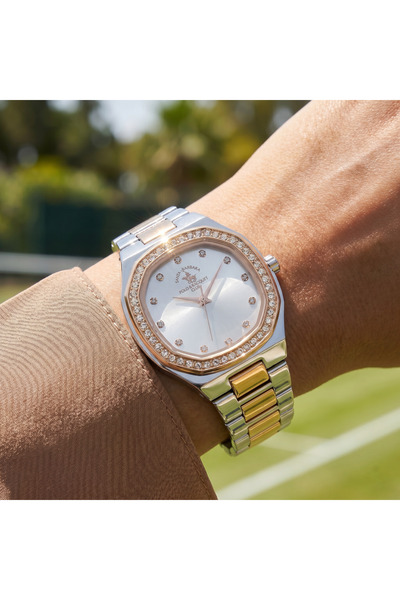 Santa Barbara Polo & Racquet Club ساعة نسائية من الفولاذ المقاوم للصدأ باللون...