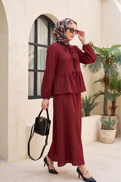 Modamorfo Tie-Front Crinkle Kimono Set with Elastic Sleeves and Skirt - Burgundy