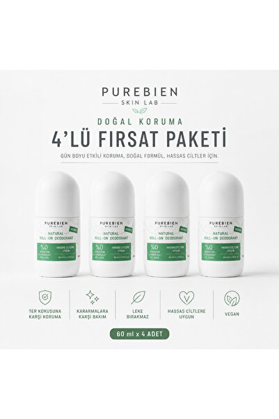 purebien skin lab Doğal Roll On Deodorant Kadın 4'lü Fırsat - Alüminyum Klora...