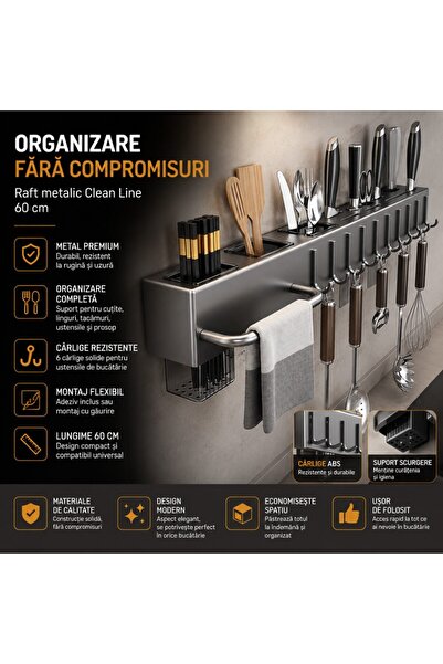 kd home Organizator de bucătărie Raft Metalic Tip Clean Line, Metalic, Suport universal, 60 cm, Gri