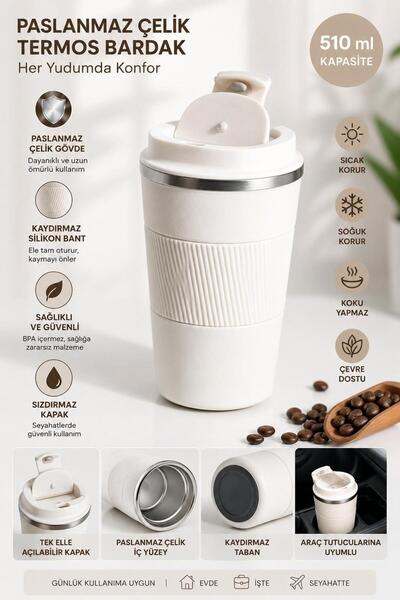BATBAT Beyaz 510 Ml Çelik Kaydırmaz Lastikli Termos Bardak Mug Araç Kahve Çay...