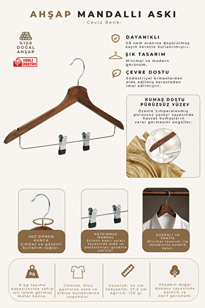 NYN Wooden Hanger M002-Çm Latch Shirt Skirt Hanger Walnut Color 100 Pieces
