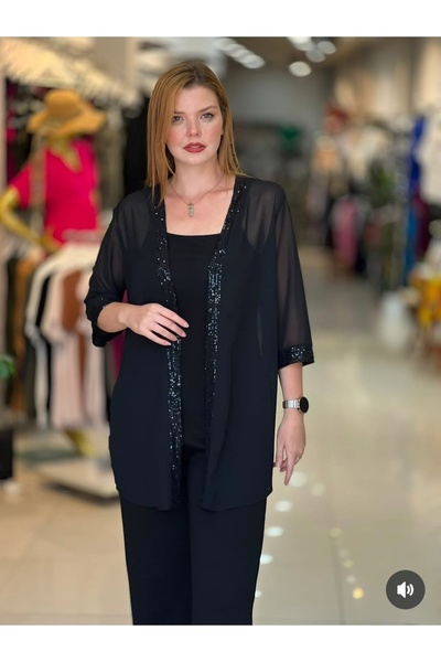 PARKDERİN Plus Size Shimmering Chiffon Jacket and Bluse Double Set