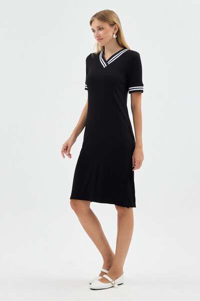 ZOUBOUTIQUE Women's Short Sleeve V-Neck Rib Knit Detailed Pocketed Viscose Dress, Summer, Comfortable, Casual Dress