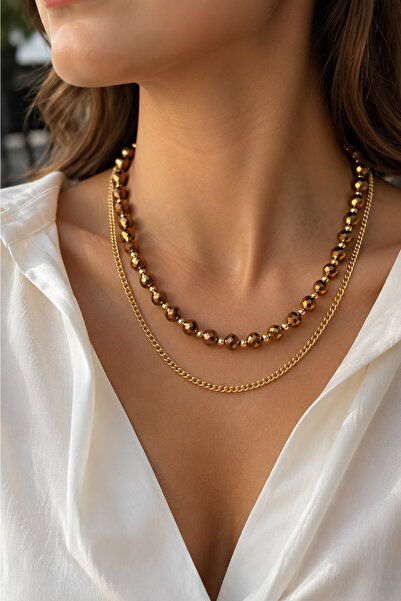Modex Brown Crystal Beaded Double Necklace