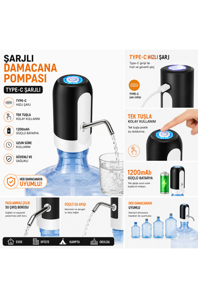 Bayırtech Typ-C Şarjlı Otomatik Damacana Su Pompası Beyaz(Damacana Kapağı İle Takılmalıdır.)