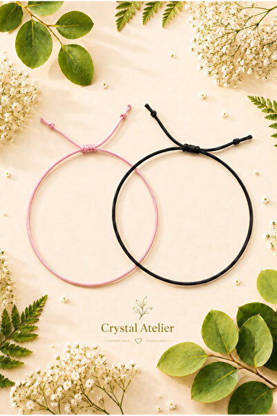Crystal Atelier Set of 2 Black and Pink String Bracelets Unisex Adjustable Ma...