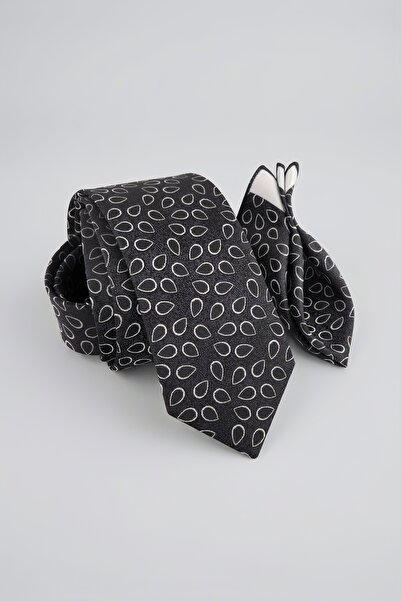 Milleniva Drop Patterned Black Silver Tie & Handkerchief