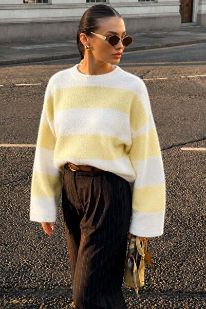 Madmext Yellow Crew Neck Striped Knitwear Women's Sweater Mg2472