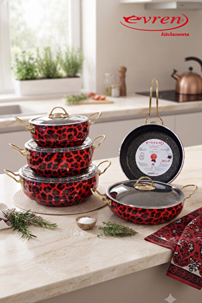 Evren , 9 Piece Red Leopard Cookware Set Non-Stick Non-Stick Base