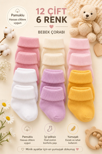 baby socks 12 Çift Çok Renkli Pamuklu Kız Bebek Çorabı 0-6 Ay