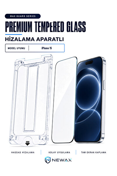NEWAX iPhone 15 Uyumlu Kolay Kurulum Aparatlı 9H Tam Kaplayan Premium Cam Ekr...