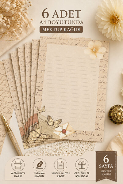 Organik Yolda Butterfly & Flower Detailed Letter Paper (12 Pieces A4 Size)