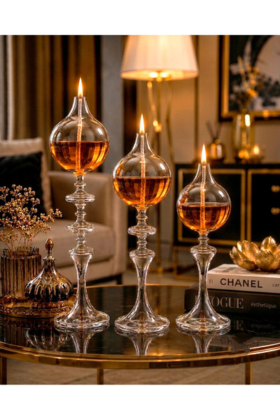 Shabbo Glass Ayaklı Drops Düğmeli Şamdan Cam Kandil 3'lü Set Kandil Yağı Üçlü
