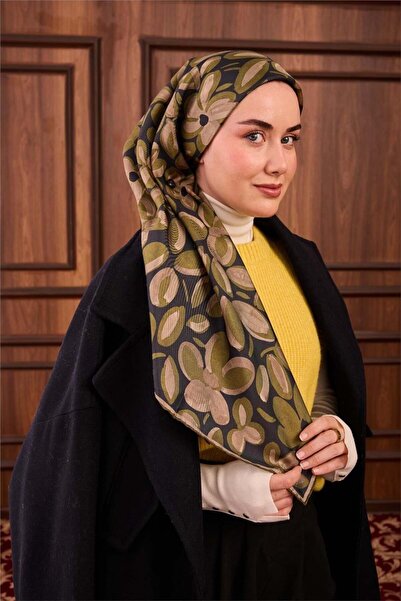 Silk Home Twill İpek Eşarp Lacivert Yeşil Vizon Papatya Desenli Tok Duruşlu 9...