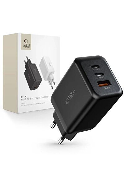 Tech-Protect C65W 2x USB-C + USB-A PD QC 3.0 65W Negru