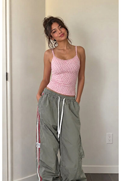 Yukatay Pembe Minik Fiyonk Ve Çiçek Desenli Y2K Destekli Askılı Crop-YUKATAY