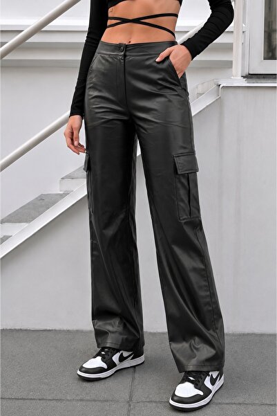 BİKELİFE Black Leather High Waist Lined Wide Leg Palazzo Trousers