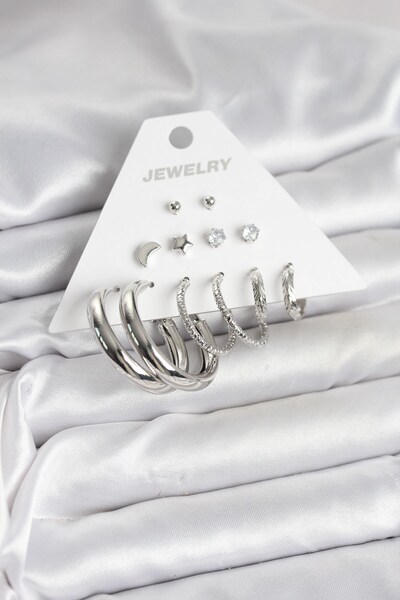 Inure Jewelry 6 أزواج من الأقراط النسائية مع نموذج حلقة فضية اللون