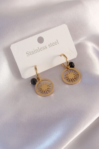 Inure Jewelry الصلب الذهب اللون الشمس الشكل الأسود كريستال التفاصيل الأقراط ا...