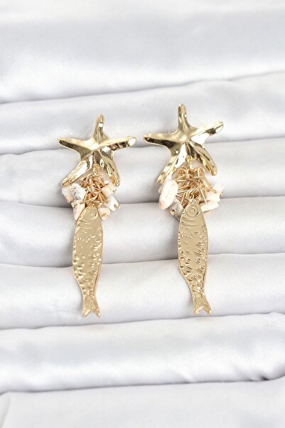 Inure Jewelry Sea Star and Fish Detailed Cream Stone Gold Color Women's Earrings