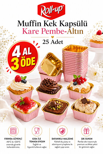 Dolphin Muffin Kek Kapsülü Kare Pembe-Altın 25li