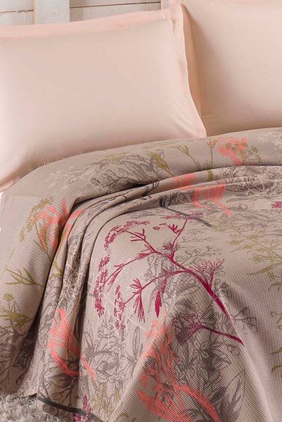 Eponj Home Piqué imprimat din bumbac Battal 260x235 cm – Bej cu model Urla (MĂRIMEA KING)