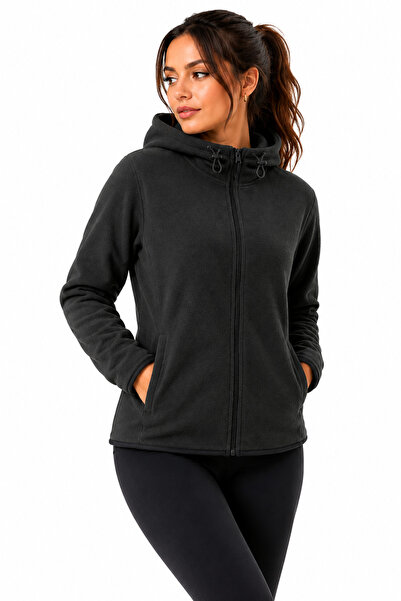 GHASSY CO Kadın Siyah Kapşonlu Fermuarlı Polar Sweatshirt