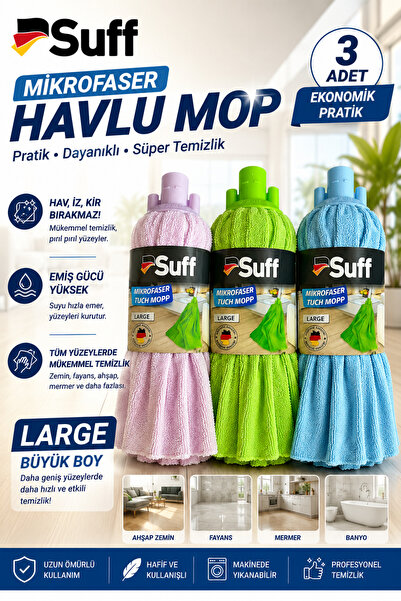 Suff 3 ADET Mikrofiber LARGE Büyük Boy Havlu Mop ,Yedek Mop (90X64CM)