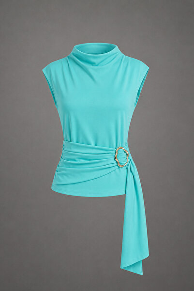 Edela Women's Stand Collar Buckle Detailed Belted Turquoise Blouse