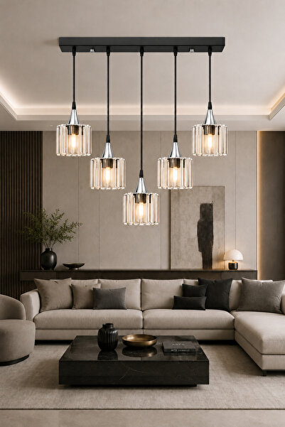 ESSLİGHT Ezgi 5’li Sıralı Kristal Taşlı Modern Salon Mutfak Yatak Odası Avizesi