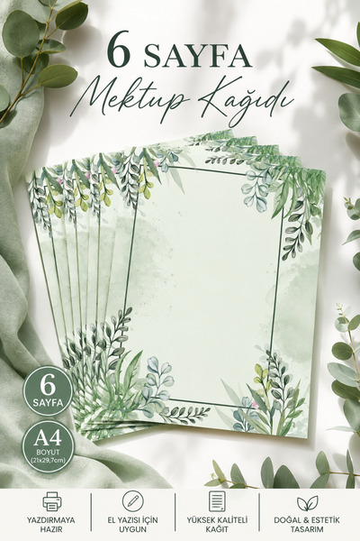 Welly Jones Green Watercolor Detailed Letter Paper (12 Pieces A4 Size)