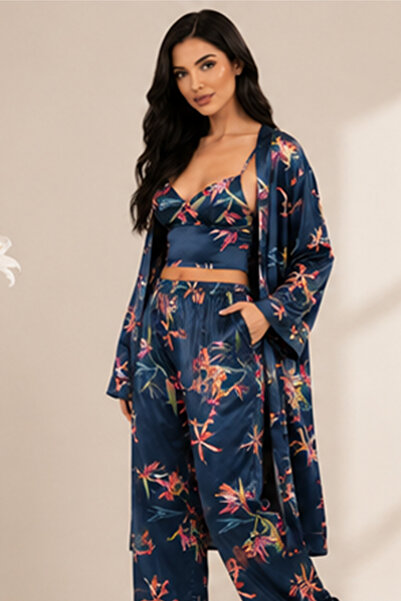 FIRST STYLE Turkish High-Quality Satin Nightgown with a Stunning Three-Piece ...