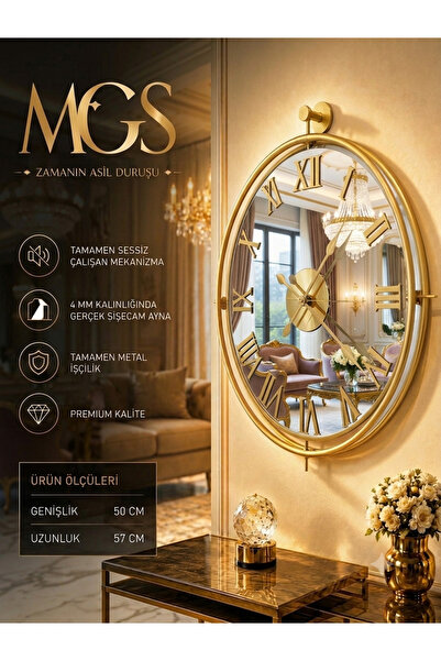 Mgs Duvar Saati Tinatti Gold Saat Aynalı Saat Roma Rakamlı Aynalı Gold Saat D...