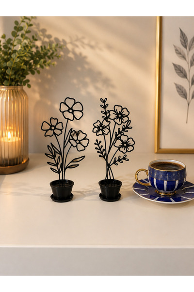 Dekor Minimalist Line Art Çiçek Saksı Dekoru – 2’li Set (3D Baskı)