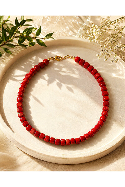 BNG AKSESUAR Bodrum Red Glass Bead Handmade Gold Women's Necklace