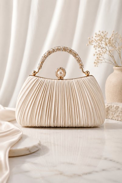 Famels Fully Pleated Evening Dress Bag / Pleated Evening Dress Bag with Sleeves/Hand Bag Pearl Stone Evening Dress Stylish Bag Is an Elegant Design