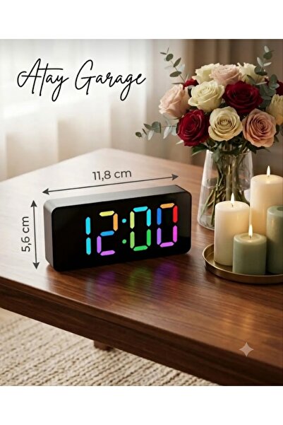 Atay Garage Renkli LED Dijital Saat Siyah – Masaüstü Alarm Saati, 12/24 Saat,...