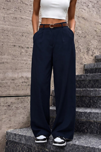 BİKELİFE Women's Belted Oversize Loose Elastic Waist Palazzo Trousers