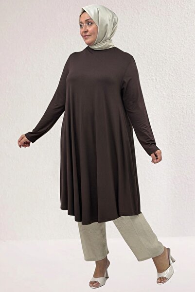 Eslina 28016 Large Size Mevlana Combed Cotton Tunic Brown
