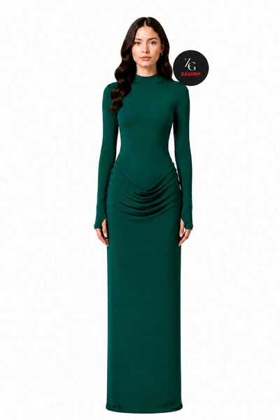 Zagrep Rochie maxi de damă, verde smarald, drapată, cu detaliu cu șnur și gul...