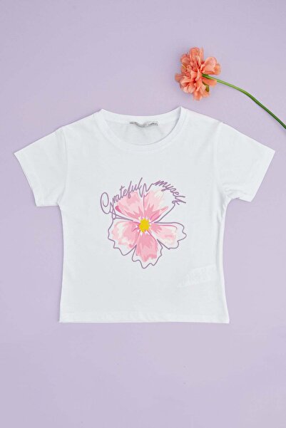 Fulla Moda Flower Printed Crew Neck Girl's T-Shirt